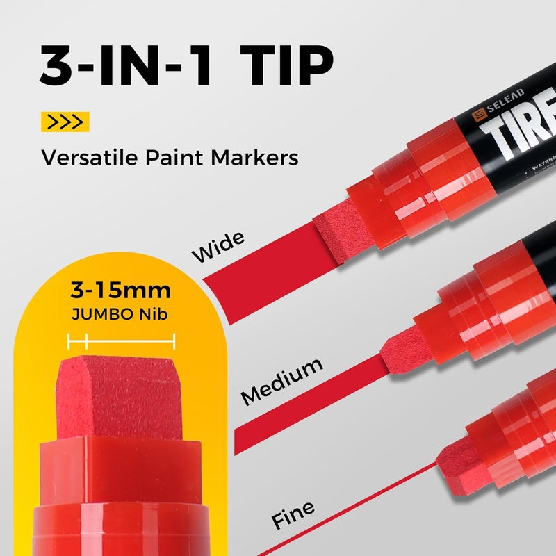 SELEAD Jumbo Tire Marker White Red Yellow Blue - 8 Pack 15mm Wide Tip Paint Pens for Car Tires Lettering, Large Capacity Premium Ink Waterproof Colored Permanent Markers - Image 3